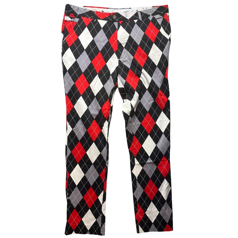 Royal & Awesome Mens Golf Pants Argyle Pattern Red Black White Grey Size 42/34